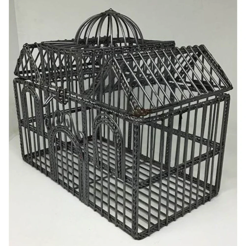 Ornate Gray Decorative Metal Birdcage Centerpiece